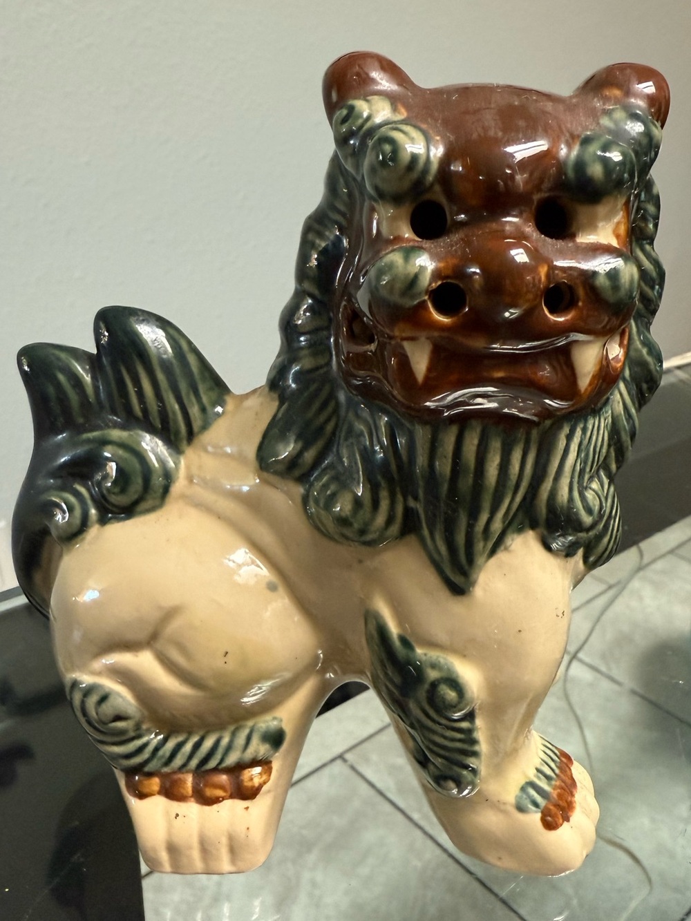 Ceramic Foo Dog Sculpture in Cream, Green, and Brown